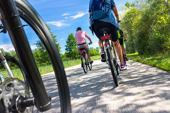 Ein Bild von drei Radfahrern wie Sie auf einer grünen Wiese fahren.