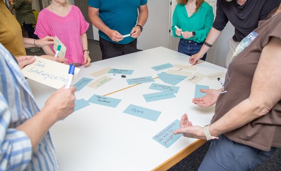 Rehabilitanden stehen um einen Tisch. Auf diesem liegen kleine Kärtchen mit Stichworten. Im Gespräch ist gerade das Kärtchen mit der Aufschrift "Feste Erholungszeiten".