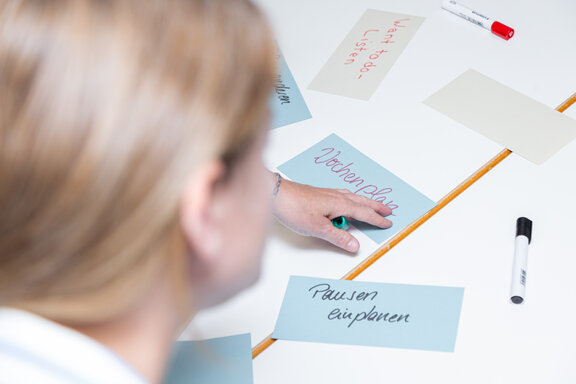 Kärtchen mit Schlagwörtern zur Strukturierung werden besprochen.