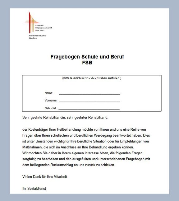 Es ist das Deckblatt des "Fragebogen-Schule und Beruf" zu sehen. 